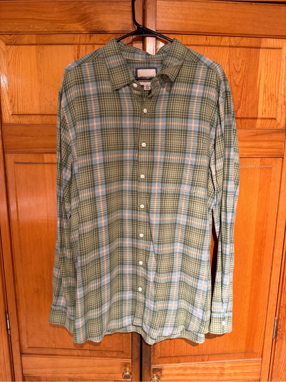 American Eagle Outfitters Green and Light Blue Plaid Button-Down Shirt